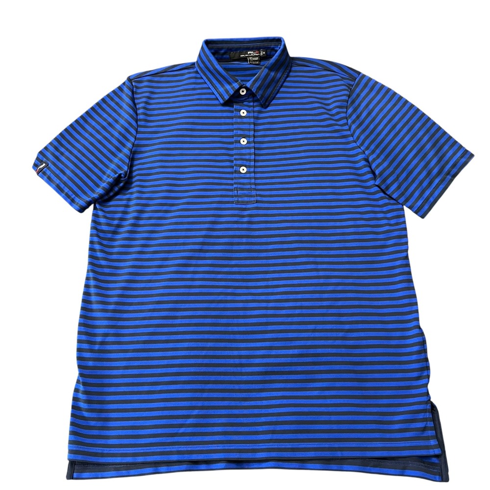 RLX Ralph Lauren Men M Performance Golf Polo Shirt Striped Blue Black Stretch